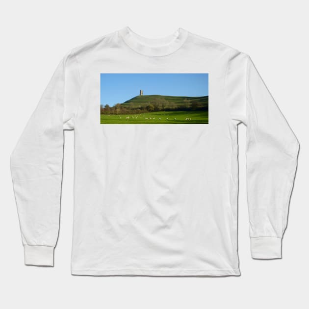 Glastonbury Tor summer vista Long Sleeve T-Shirt by stevepaint